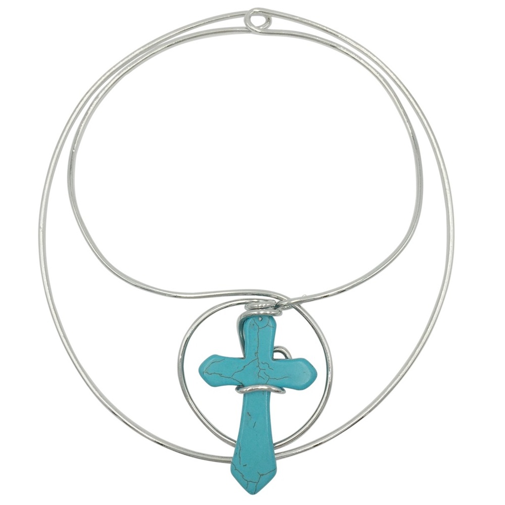 Fashion Jewelry Silver and Large Turquoise Cross Necklace